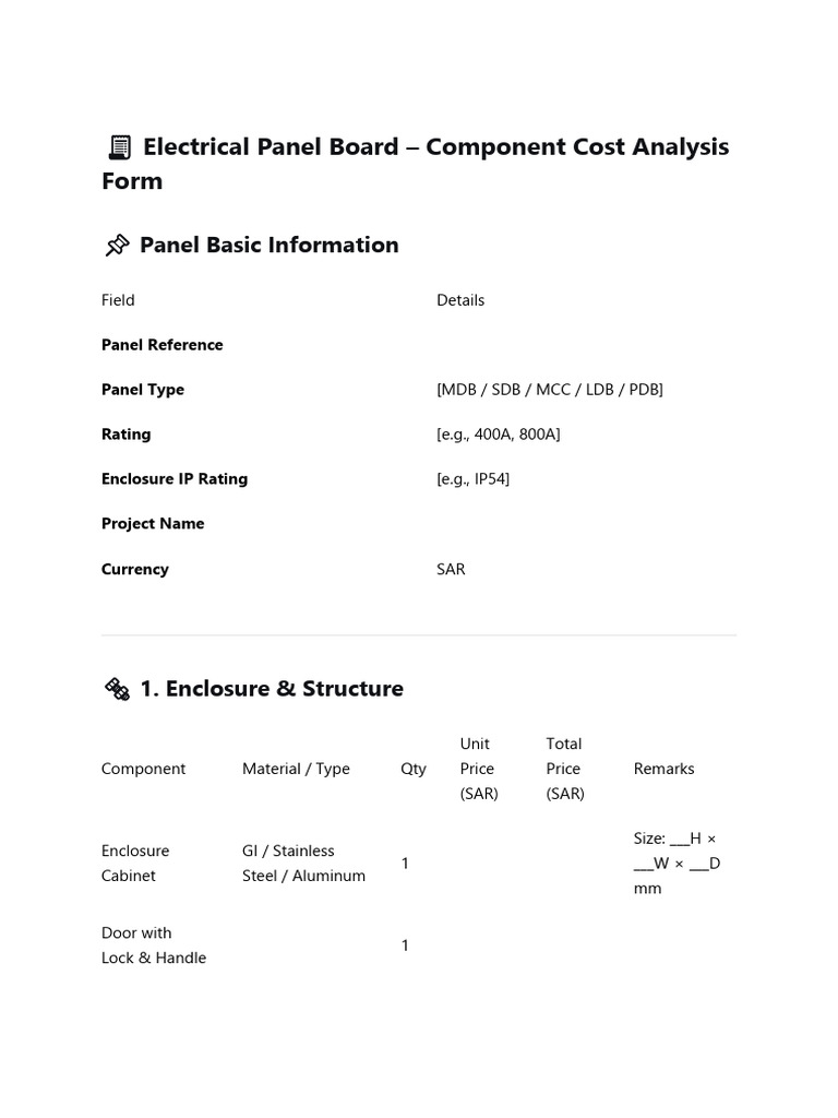 Electrical Panel Board - Component Cost Analysis Form | PDF ...