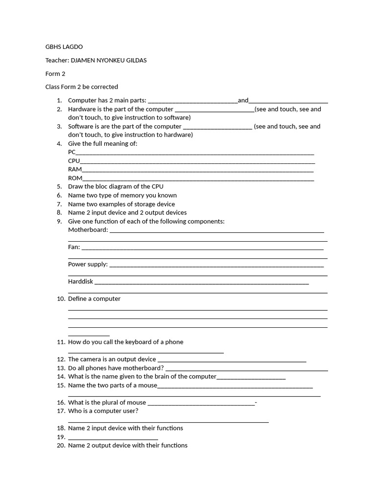 Test 1 Form 2 | PDF | Computer Hardware | Input/Output