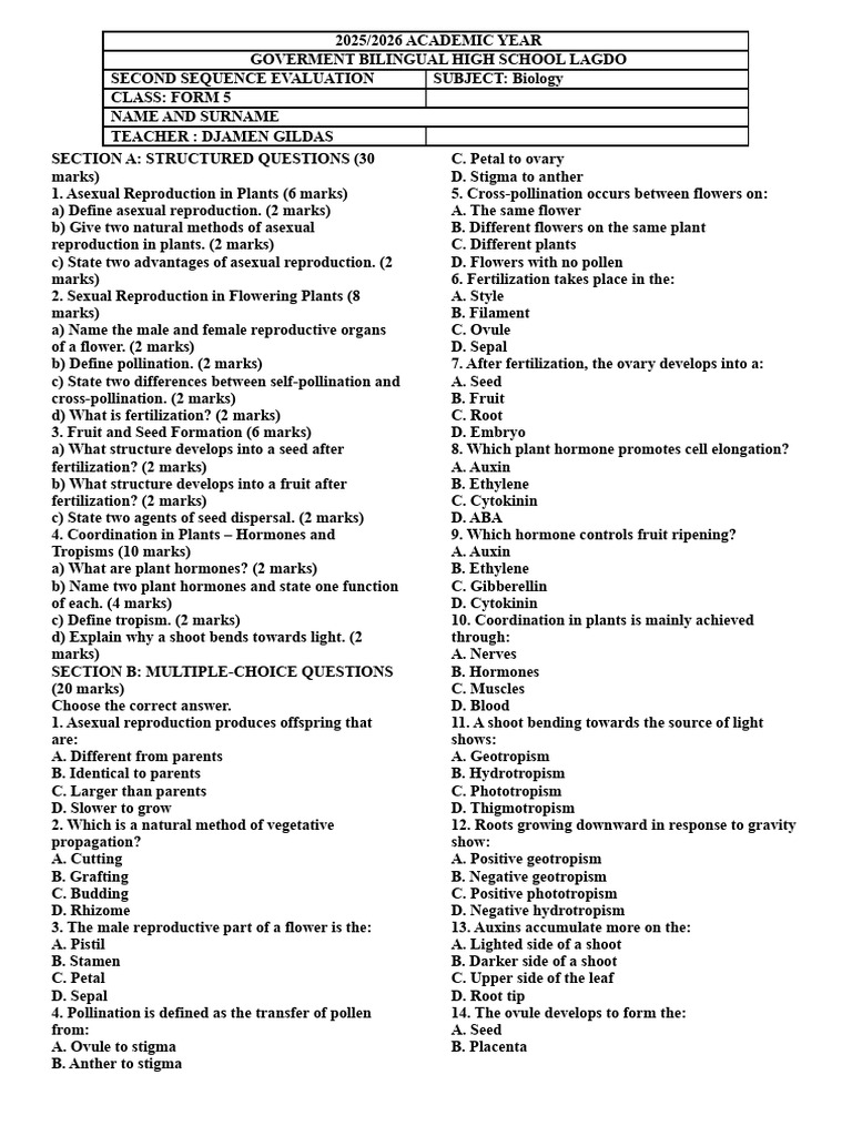 Test 2 Form 5 Biology NO ANSWER | PDF | Flowers | Fruit