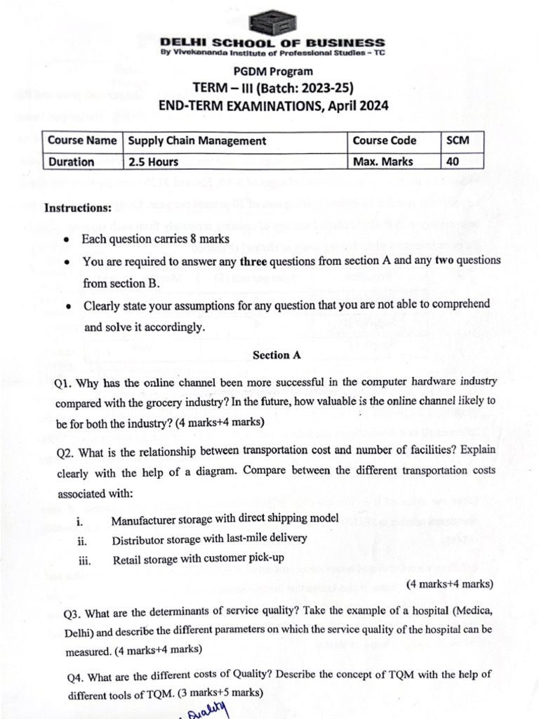 Supply Chain Management - End Term 2024 | PDF