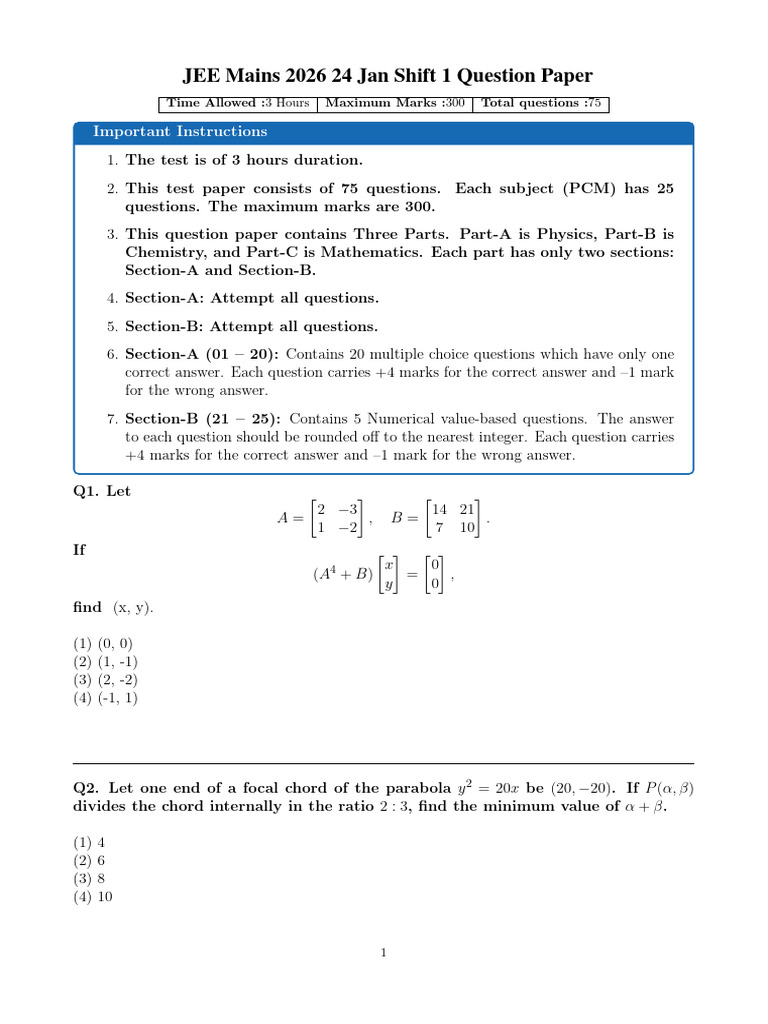 JEE Main 2026 Jan 24 Shift 1 Question Paper ...