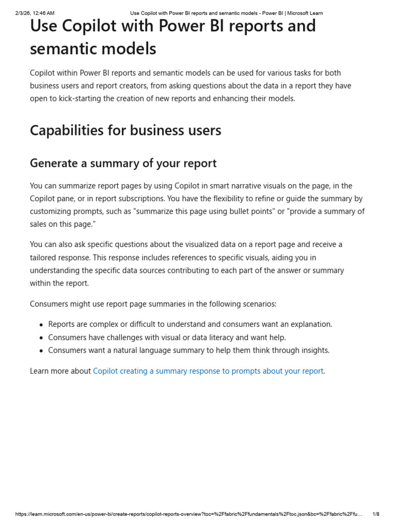 Use Copilot With Power BI Reports and Semantic Models - Power B | PDF ...