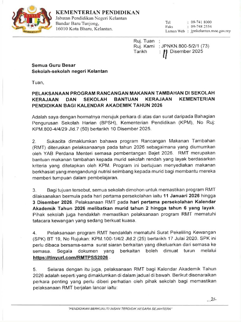 Bil 73. Surat Pelaksanaan RMT 2026 | PDF