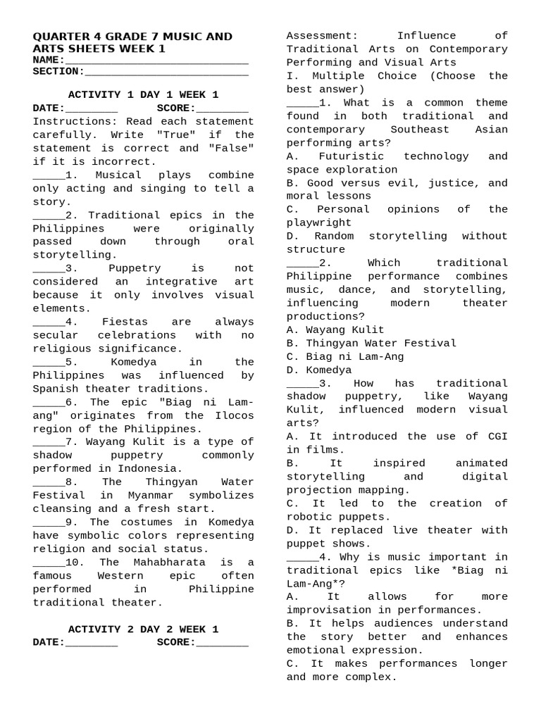 Quarter 4 Grade 7 Music and Arts Las | PDF | Puppetry | Theatre