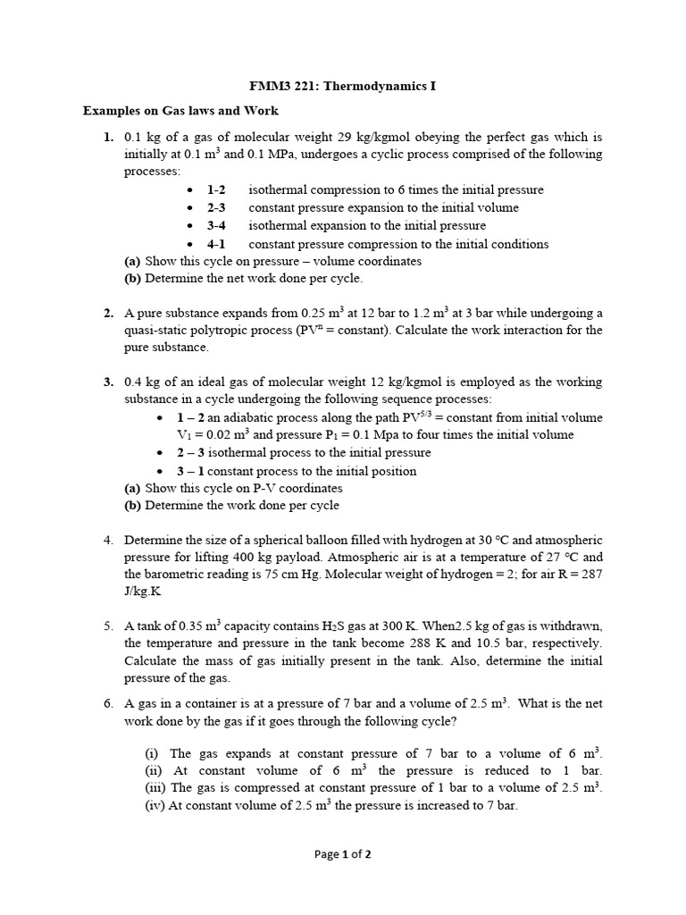 FMM3 221 Examples On Gas Laws and Work | PDF | Gases | Pressure