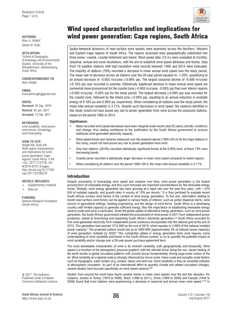 Wind speed characteristics and implications for wind power generation ...