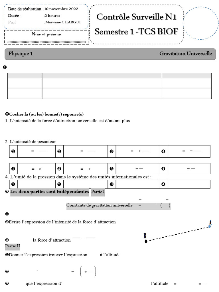 Controle N1 TCS Bof 1 | PDF | Gravité | Poids