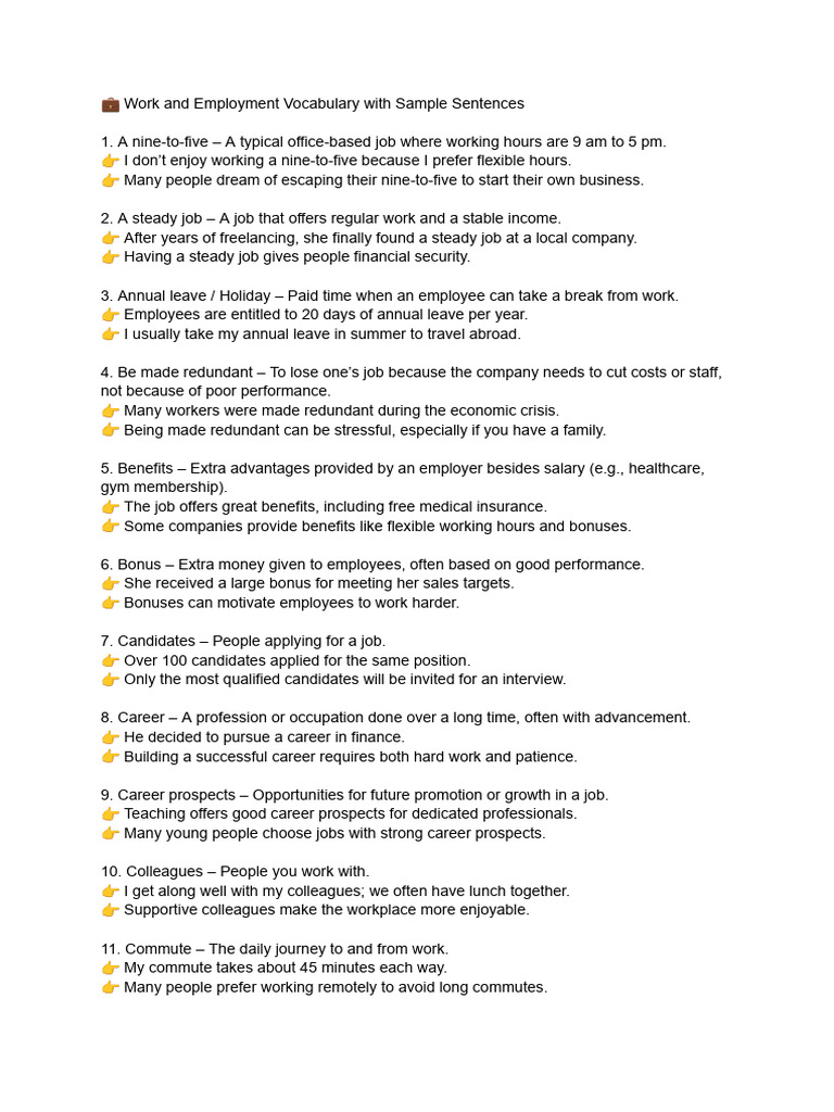 ? Work and Employment Vocabulary With Sample Sentences | PDF | Cost Of ...