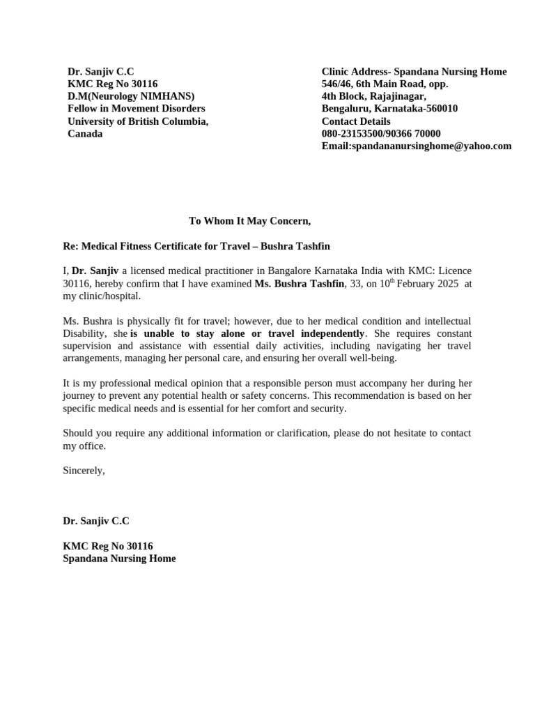 Doctor Reference Letter Bushra Tashfin Canada Travel | PDF