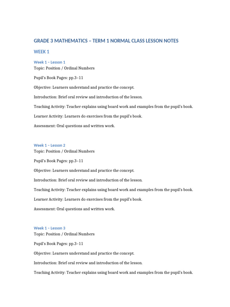 Grade 3 Mathematics Term 1 Normal Class Lesson Notes | PDF | Teachers ...
