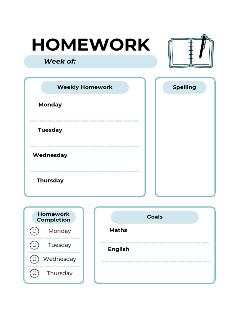 Weekly Homework Worksheet in Blue and Black Simple | PDF
