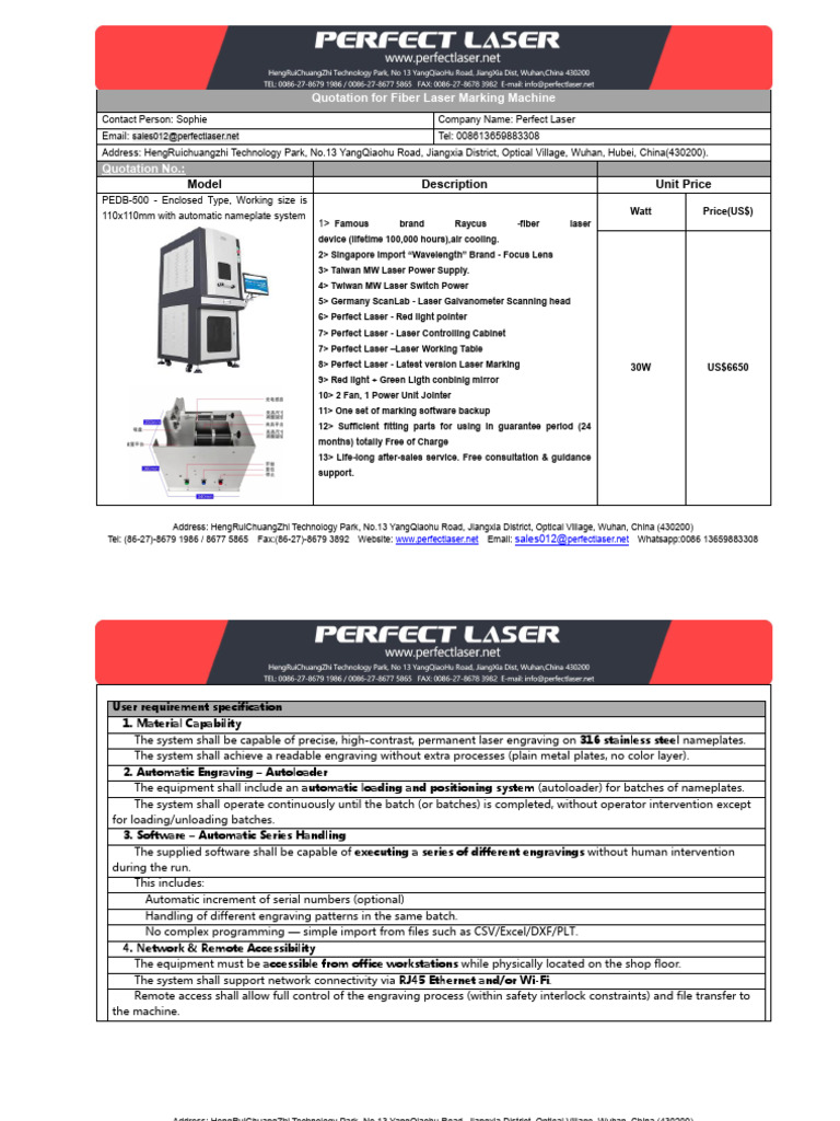 Perfect Laser- PEDB-500 Laser Marking Machine Quotation sheet | PDF ...