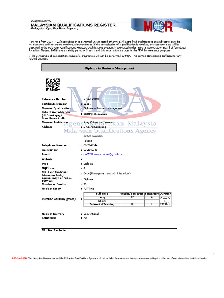 MQA Accreditation - Diploma in Business Management | PDF | Qualifications