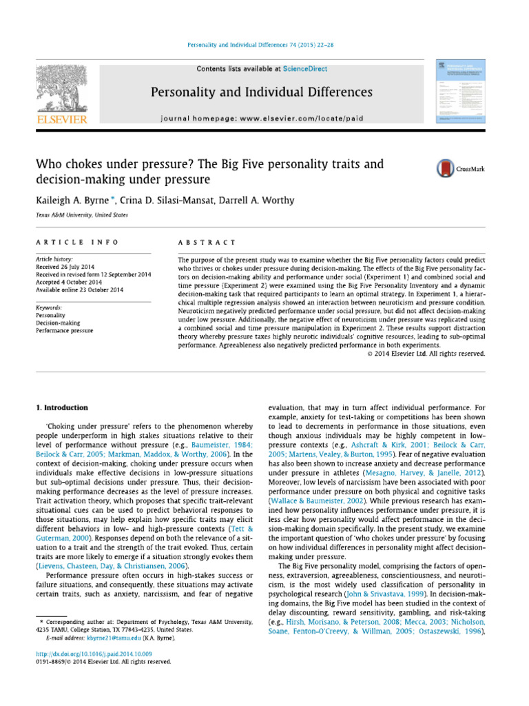 Who Chokes Under Pressure the Big Five Personality Traits and Decision ...