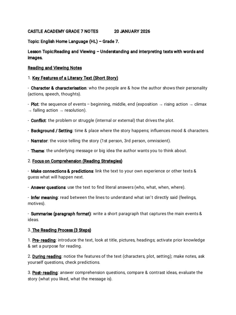 Grade 7 Reading and Viewing Notes Back-B 18 Copies | PDF