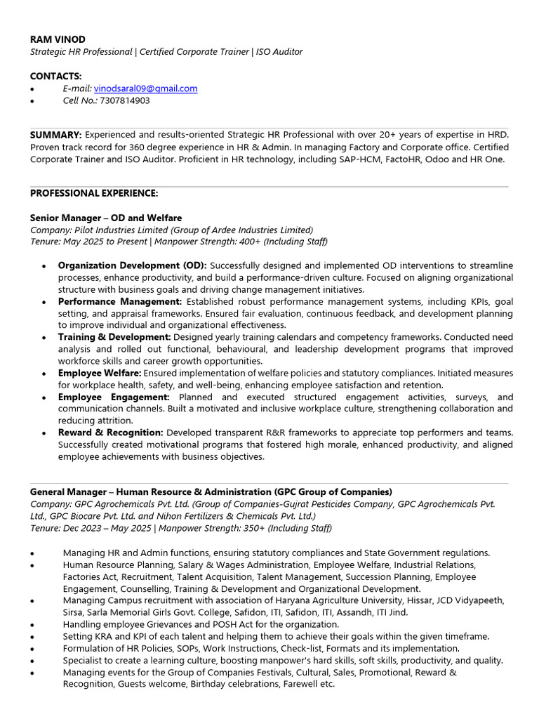 CV RamVinod HR Professional | PDF | Human Resources | Human Resource ...