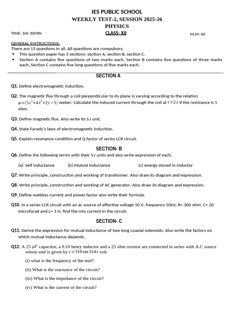 Physics Xii Weekly Test Ac and Emi | PDF | Inductance | Inductor