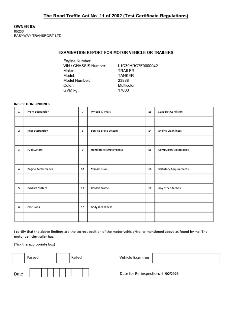 RTSA-5288860 1-2026 Certificate | PDF | Vehicles | Trailer (Vehicle)