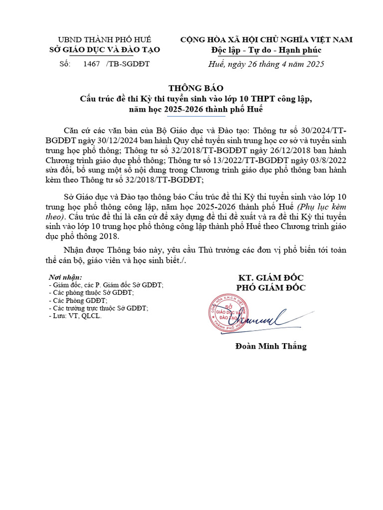 Thong Bao Cau Truc de Thi Ky Thi Tuyen Sinh Vao Lop 10 THPT Cong Lap ...