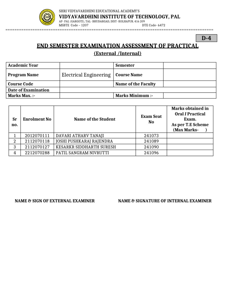 D-4 End Semester Examination Assessment of Practical: Electrical ...
