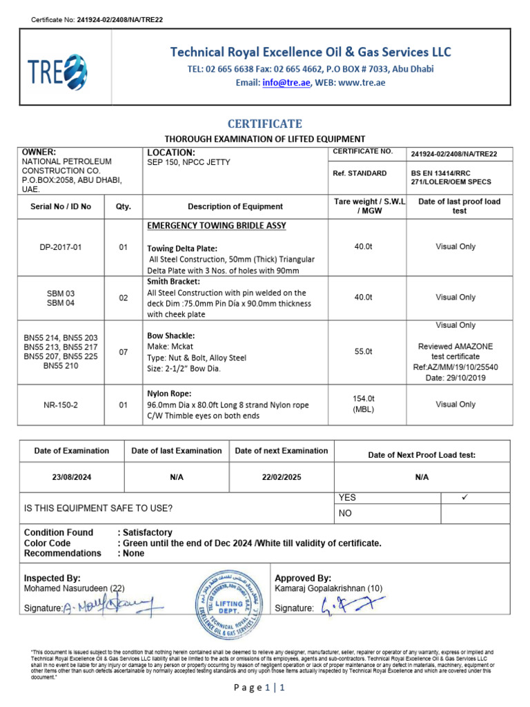Rigging Cert Emergency Towing Bridle Assembly (1) | PDF | Legal Liability