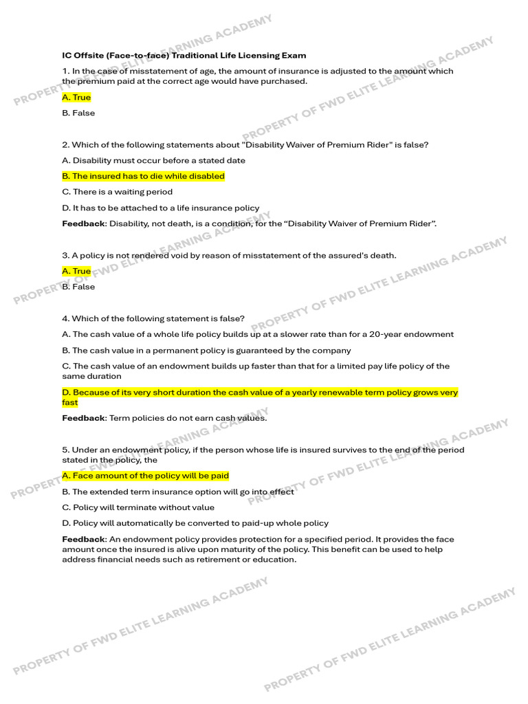IC Offsite (Face-to-face) Traditional Life Licensing Exam 1 | PDF ...