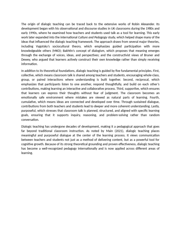The Origin of Dialogic Teaching Can Be Traced Back To The Extensive ...