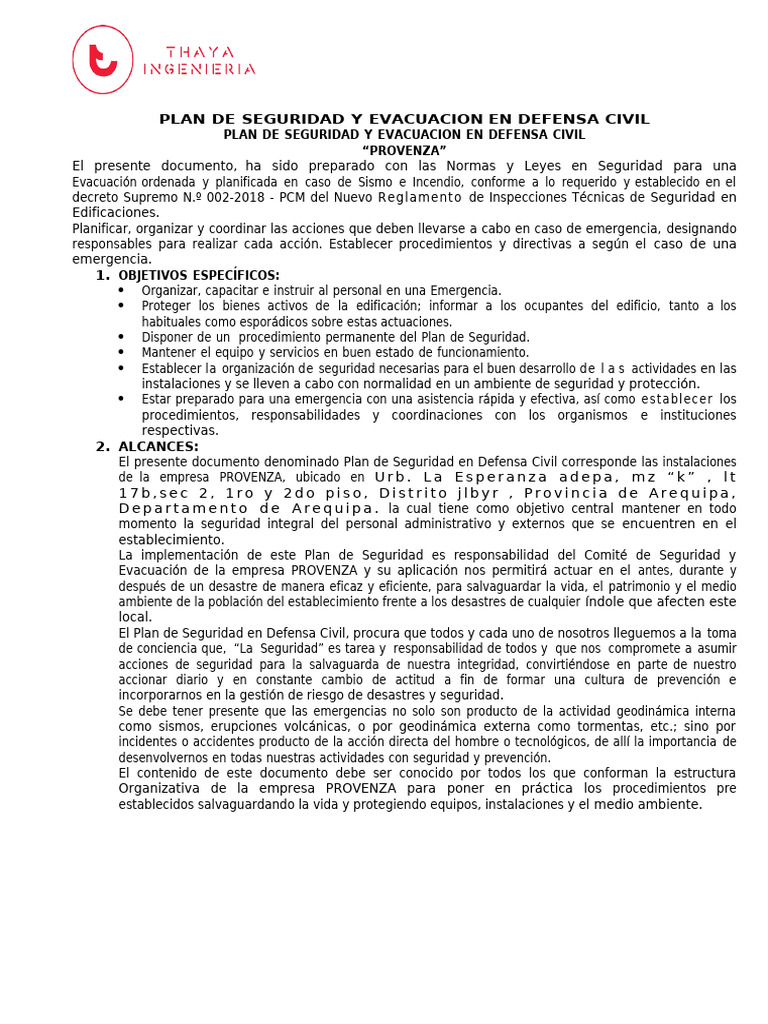 PLAN DE SEGURIDAD Y EVACUACION EN DEFENSA CIVIL PROVENZA | PDF ...