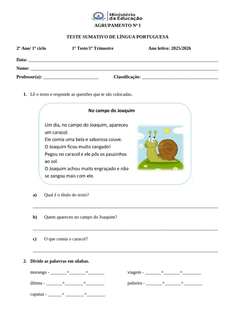 Teste de Lingua Portuguesa 2º Ano | PDF | Linguística