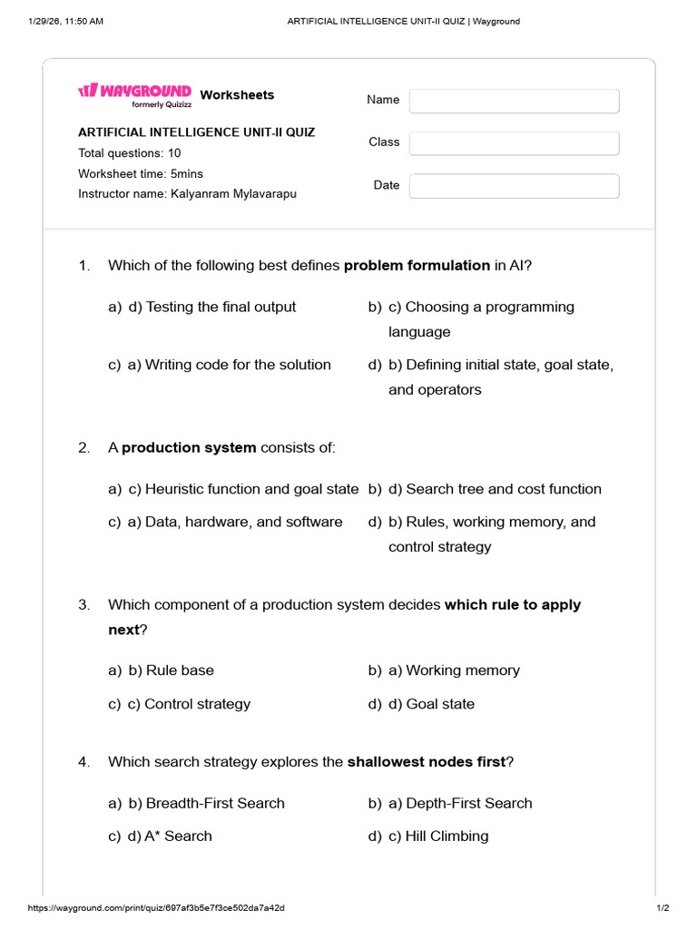 Artificial Intelligence Unit-II Quiz - Wayground | PDF | Algorithms ...