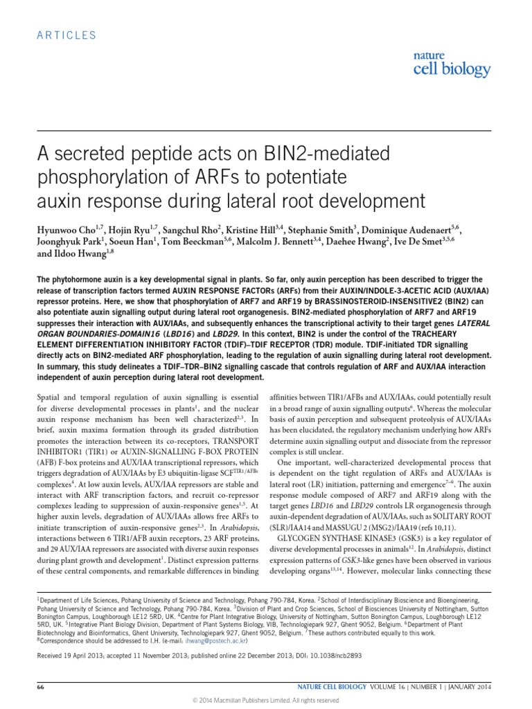 A Secreted Peptide Acts On BIN2 Mediated | PDF | Auxin | Biology