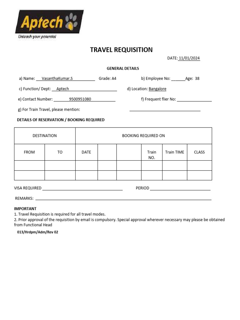 Jan 23 Travel Requisition - Vasanth | PDF