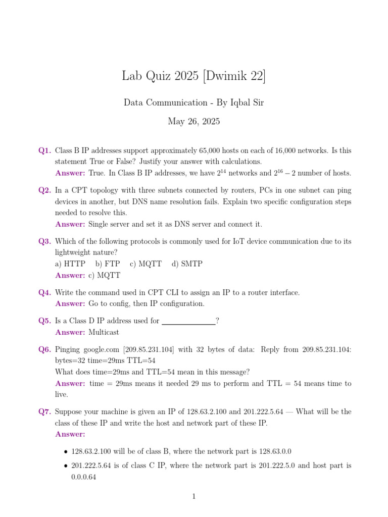 Lab Quiz 2025 - Data Communication | PDF | Ip Address | Communications ...