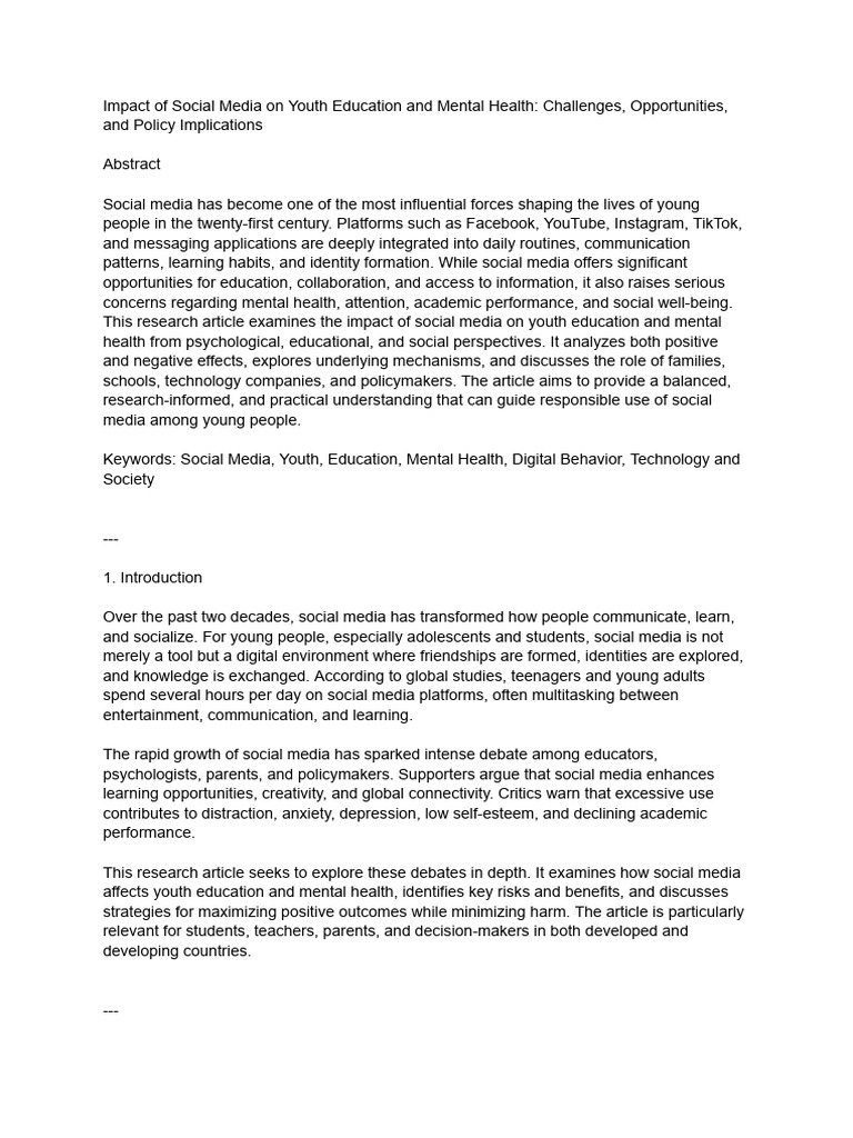 Impact of Social Media On Youth Education and Mental Health ...