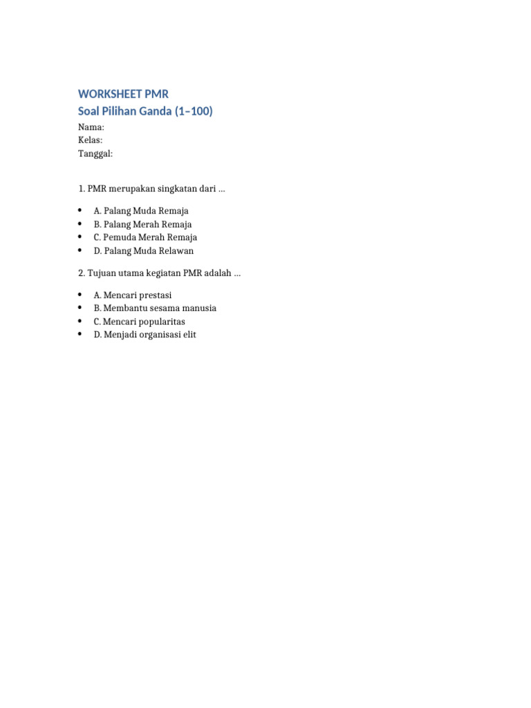 Worksheet PMR 100 Soal | PDF