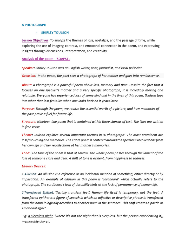 A PHOTOGRAPH NOTES | PDF | Poetry