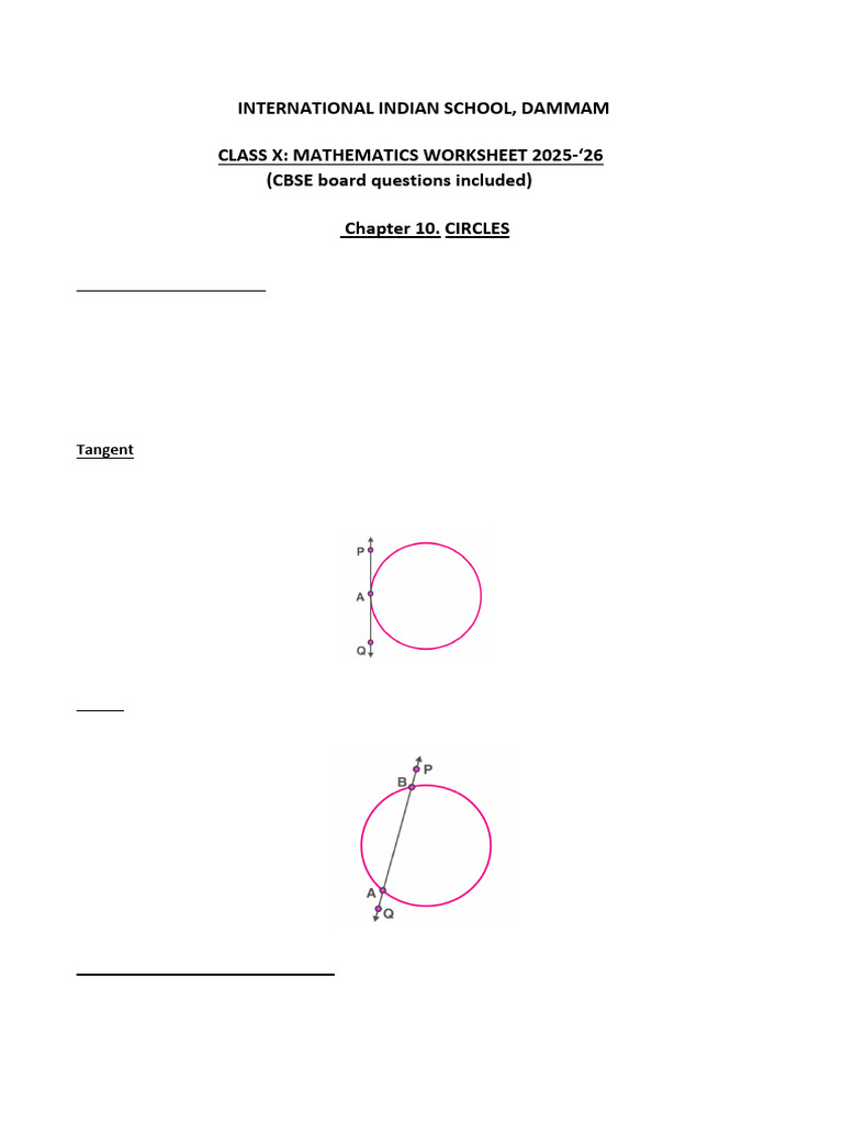 CIRCLES Class 10 Worksheet | PDF | Circle | Perpendicular