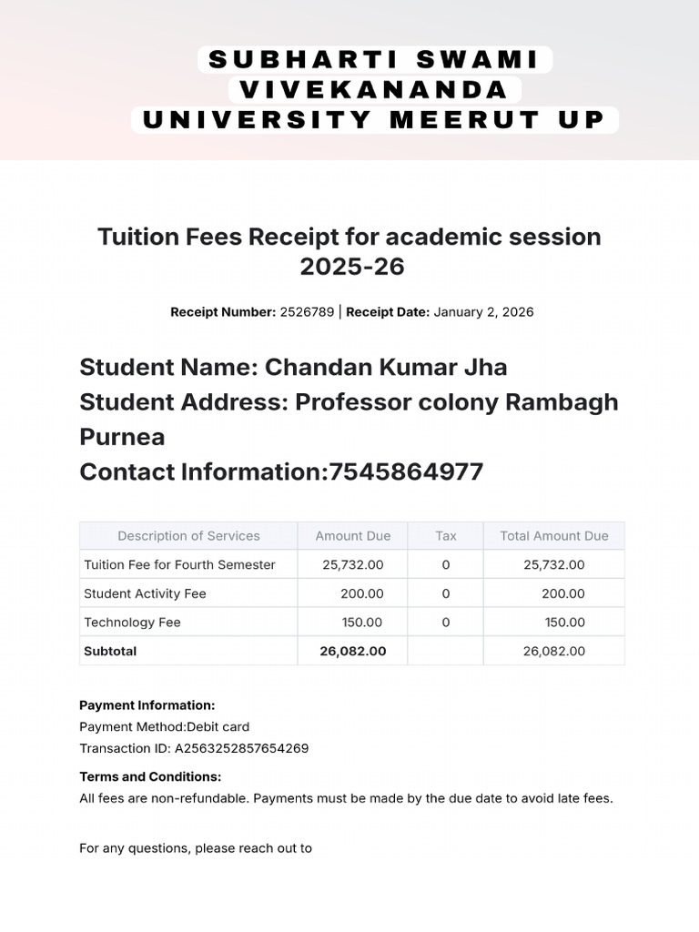 Tuition Fees Receipt Template | PDF