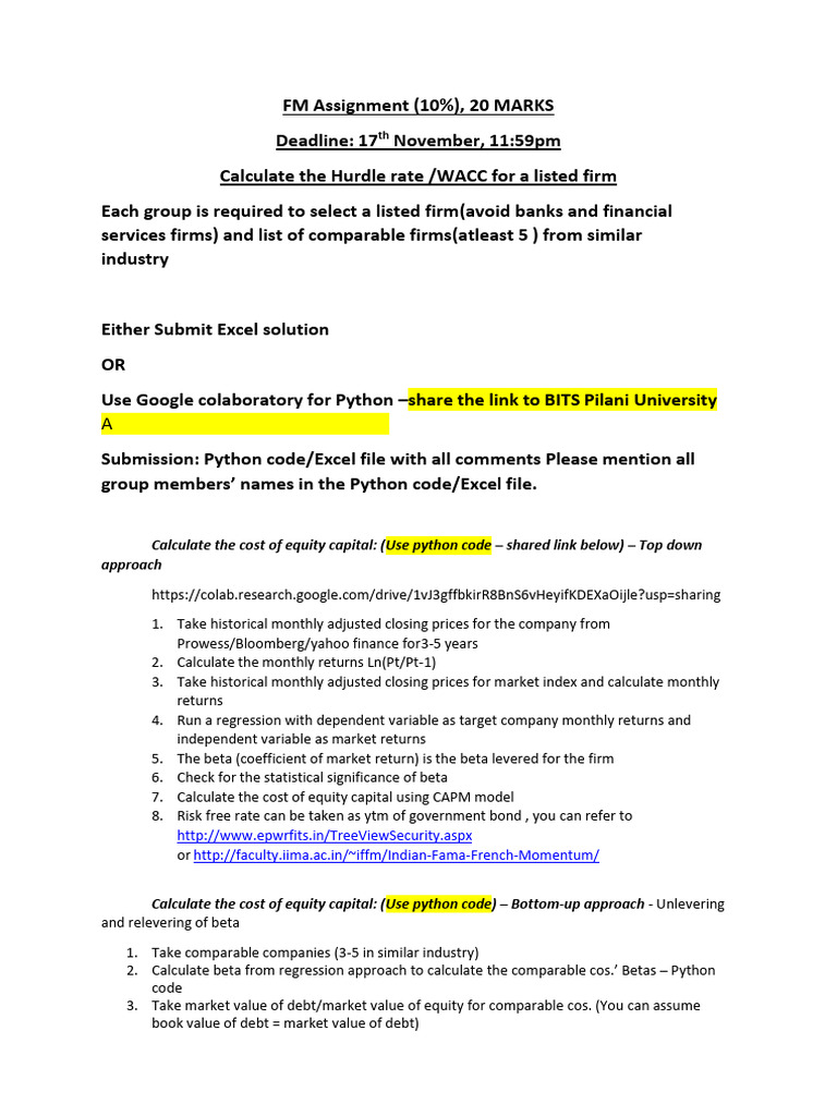 Assignment FM | PDF | Cost Of Capital | Beta (Finance)