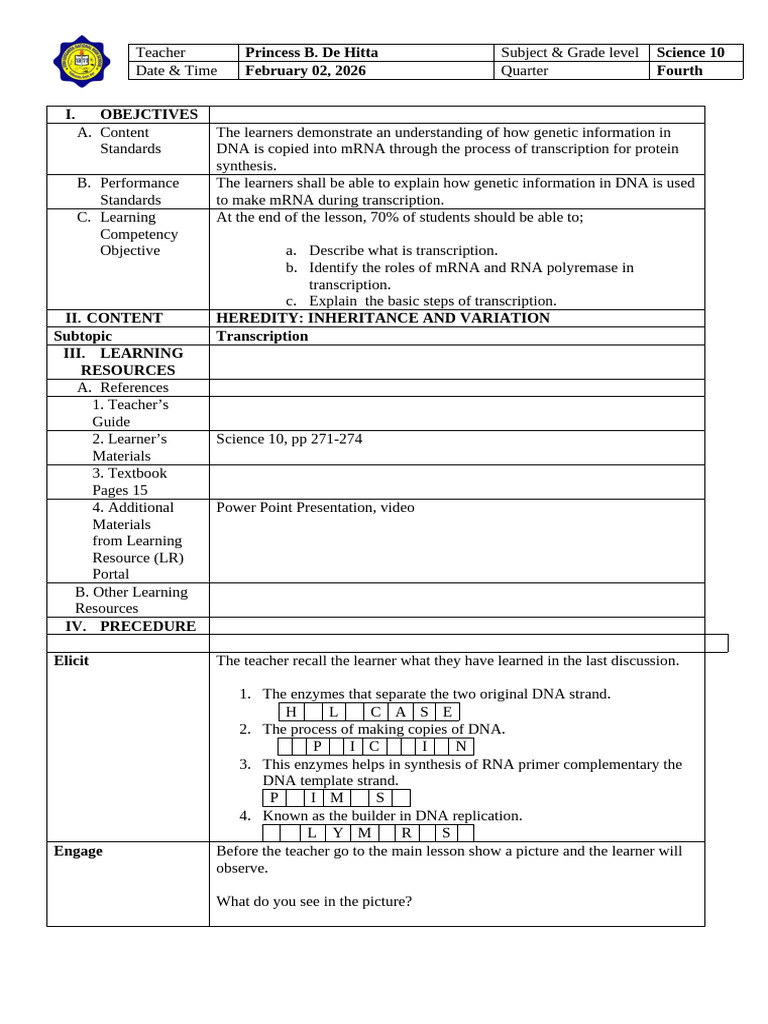 TRANSLATION Lesson Plan Final | PDF | Rna | Dna