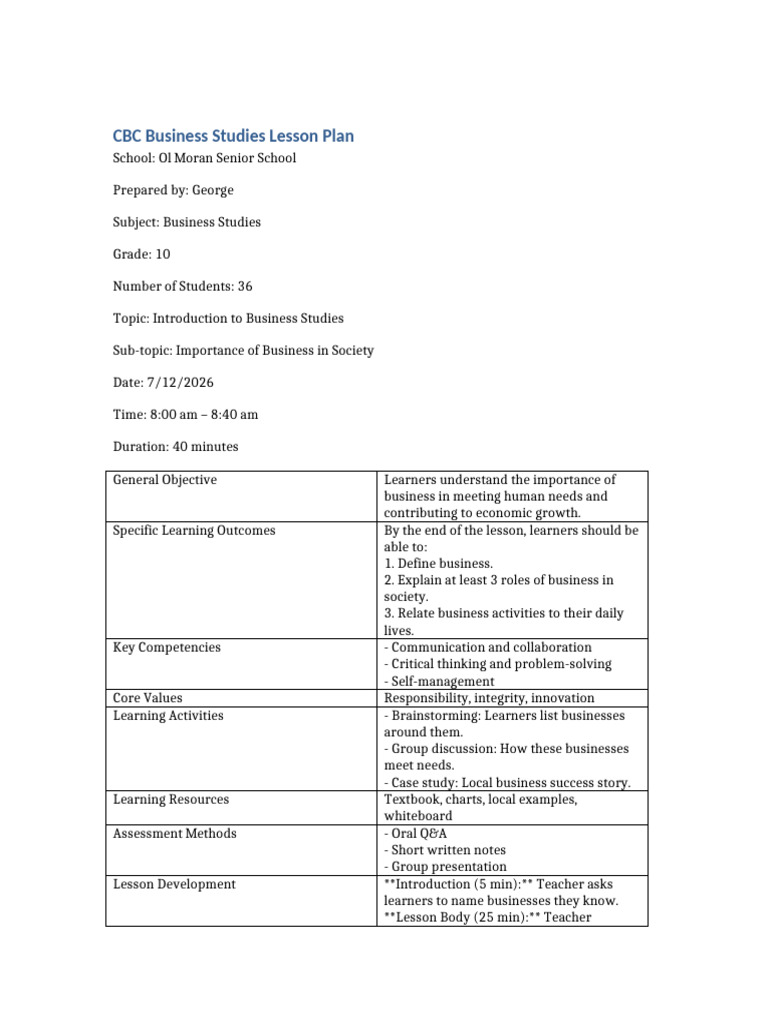 CBC Business Studies Lesson Plan Grade10 | PDF | Learning | Lesson Plan