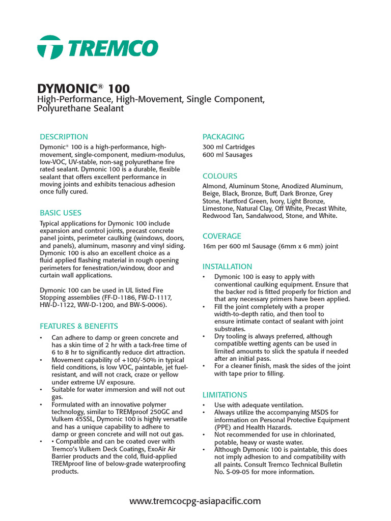 TDS - Tremco CPG APAC - Dymonic 100_2122022_221207_144439 (1) | PDF ...