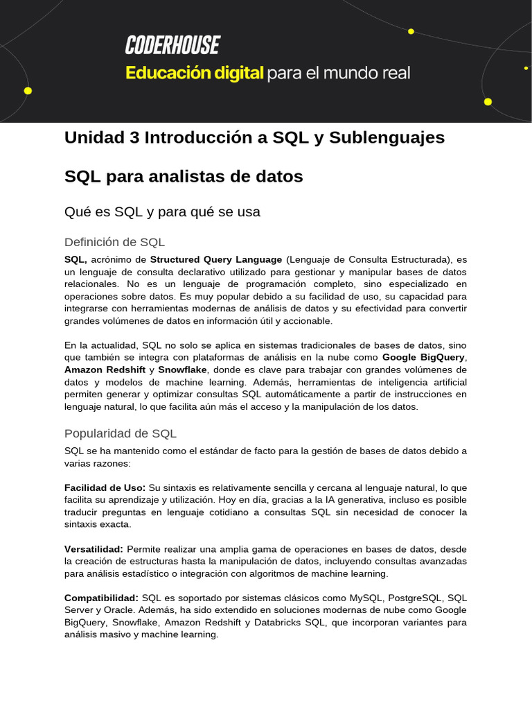 Unidad 3 - Material de Apoyo - Descargable | PDF | SQL | Bases de datos