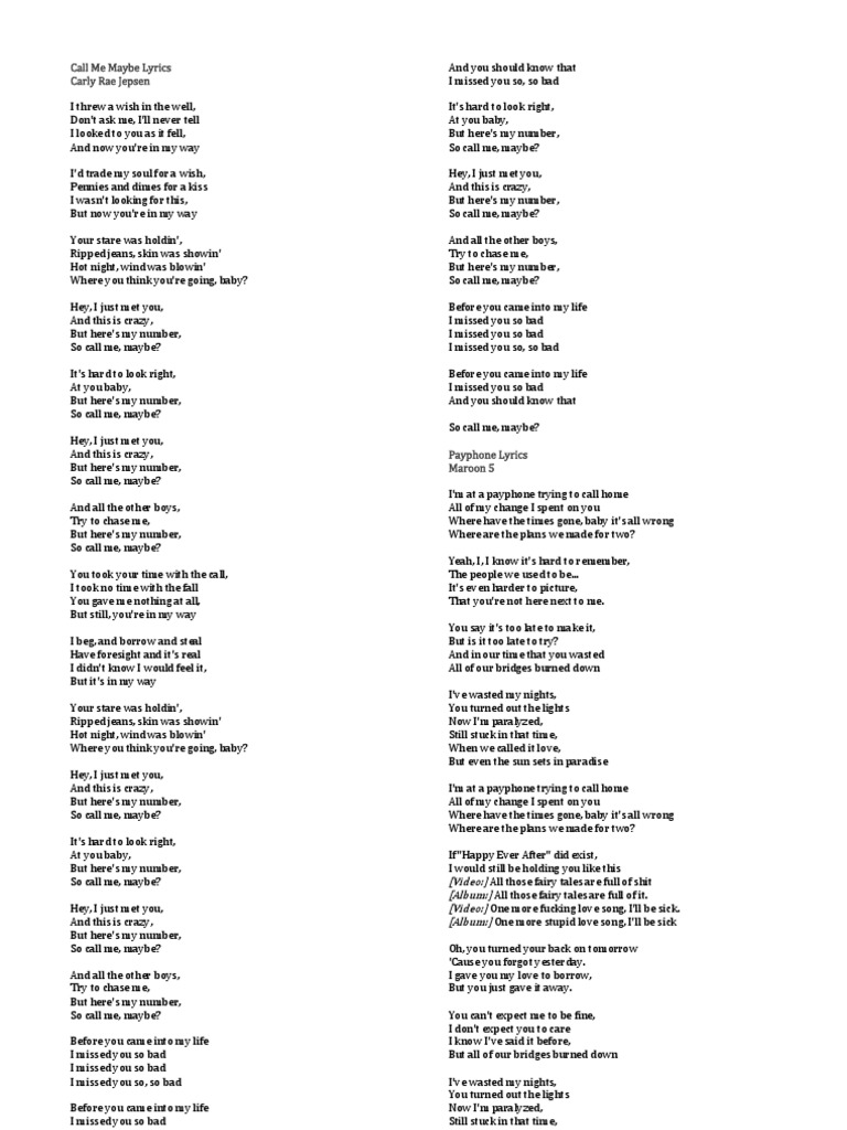 Call Me Maybe Lyrics Leisure Entertainment General