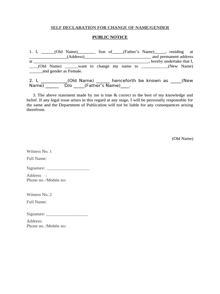 New Name and Gender Change Self Decleration | PDF