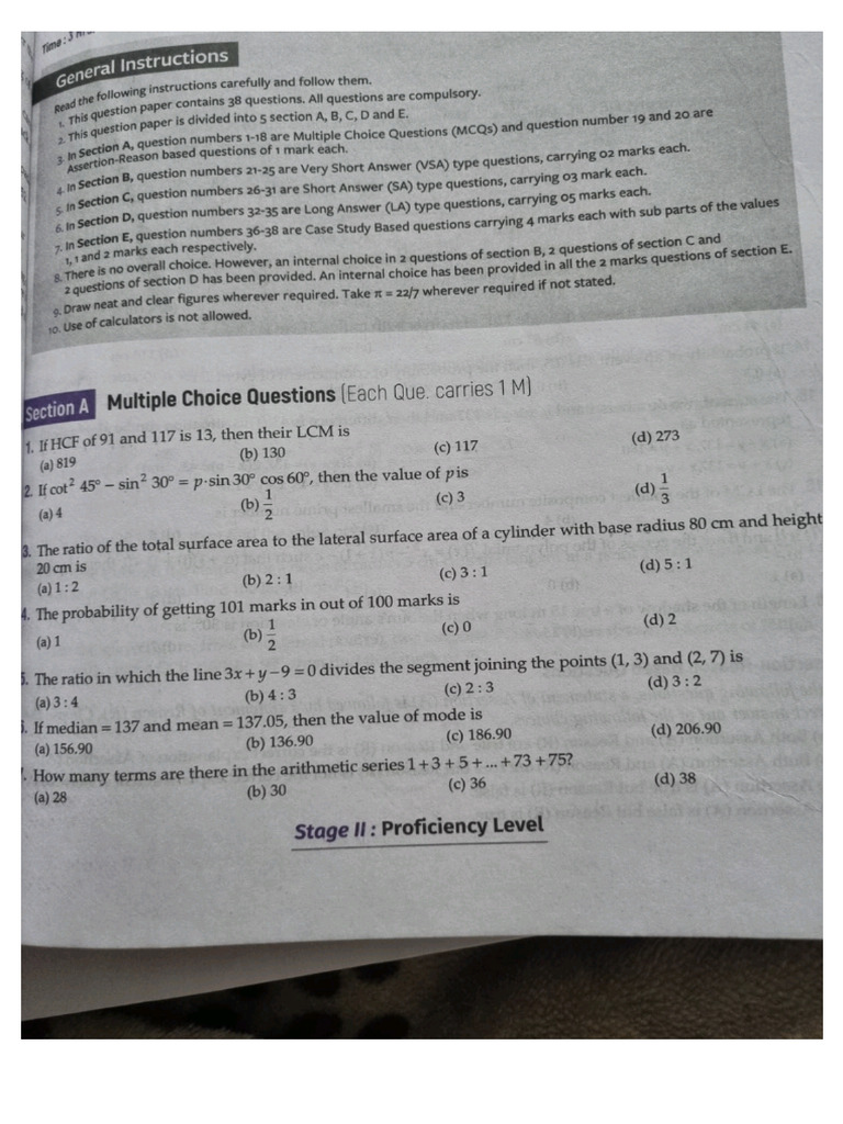 Sample Paper Maths 1 | PDF