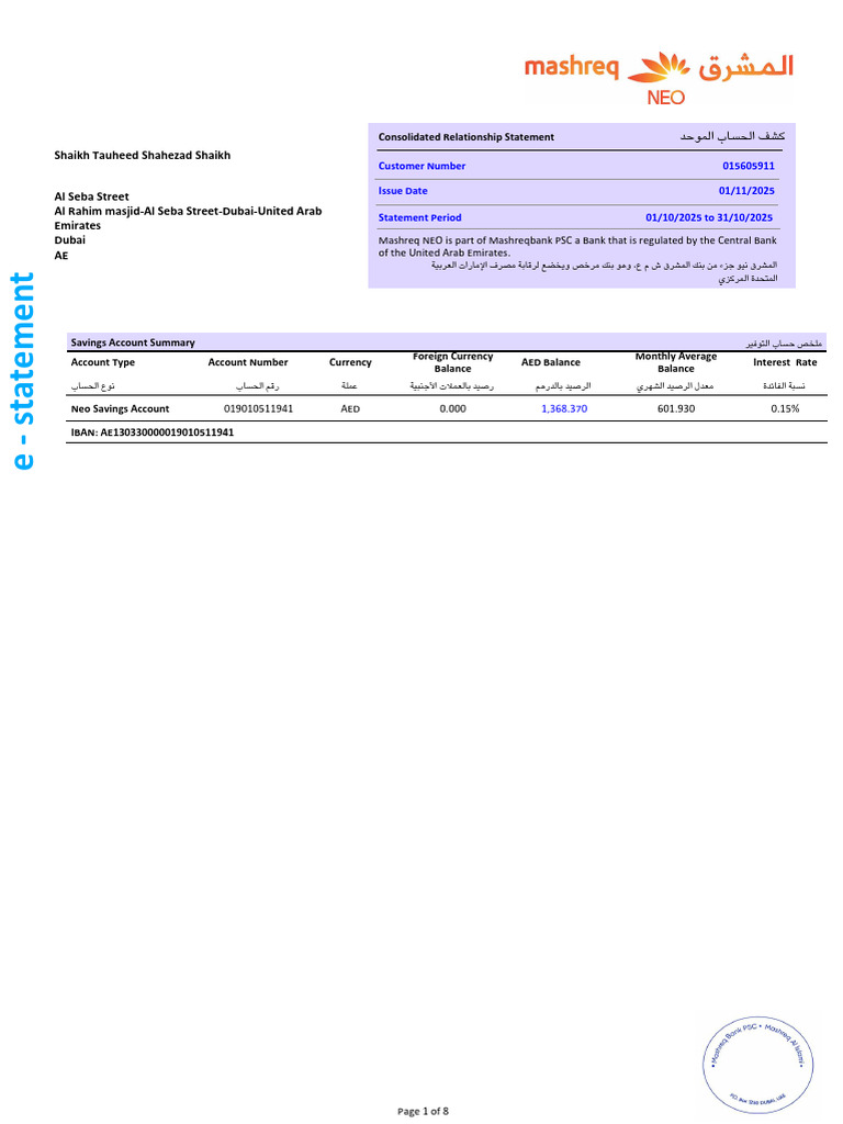 Mashreq Consolidated Summary Estatement Xxxxxx5911 Acaf476d7a 1 | PDF ...