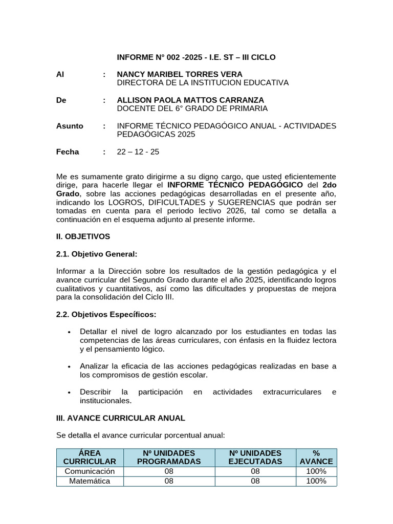 Informe Tecnico Pedagogico Anual Final | PDF | Evaluación | Pedagogía