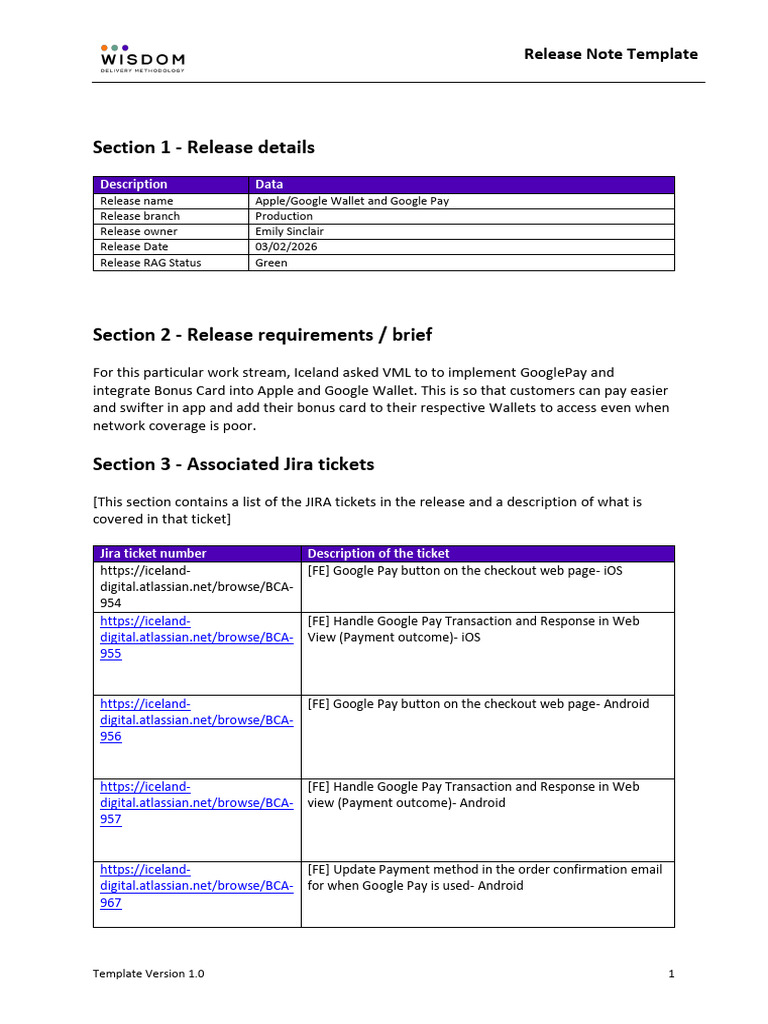 041 - WISDOM Iecland Google Wallet - Release Notes - PUBLISHED | PDF ...