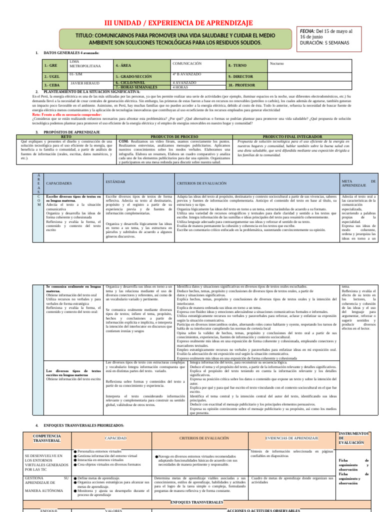 Tercera Unidad 4° Avanzado | PDF | Aprendizaje | Evaluación